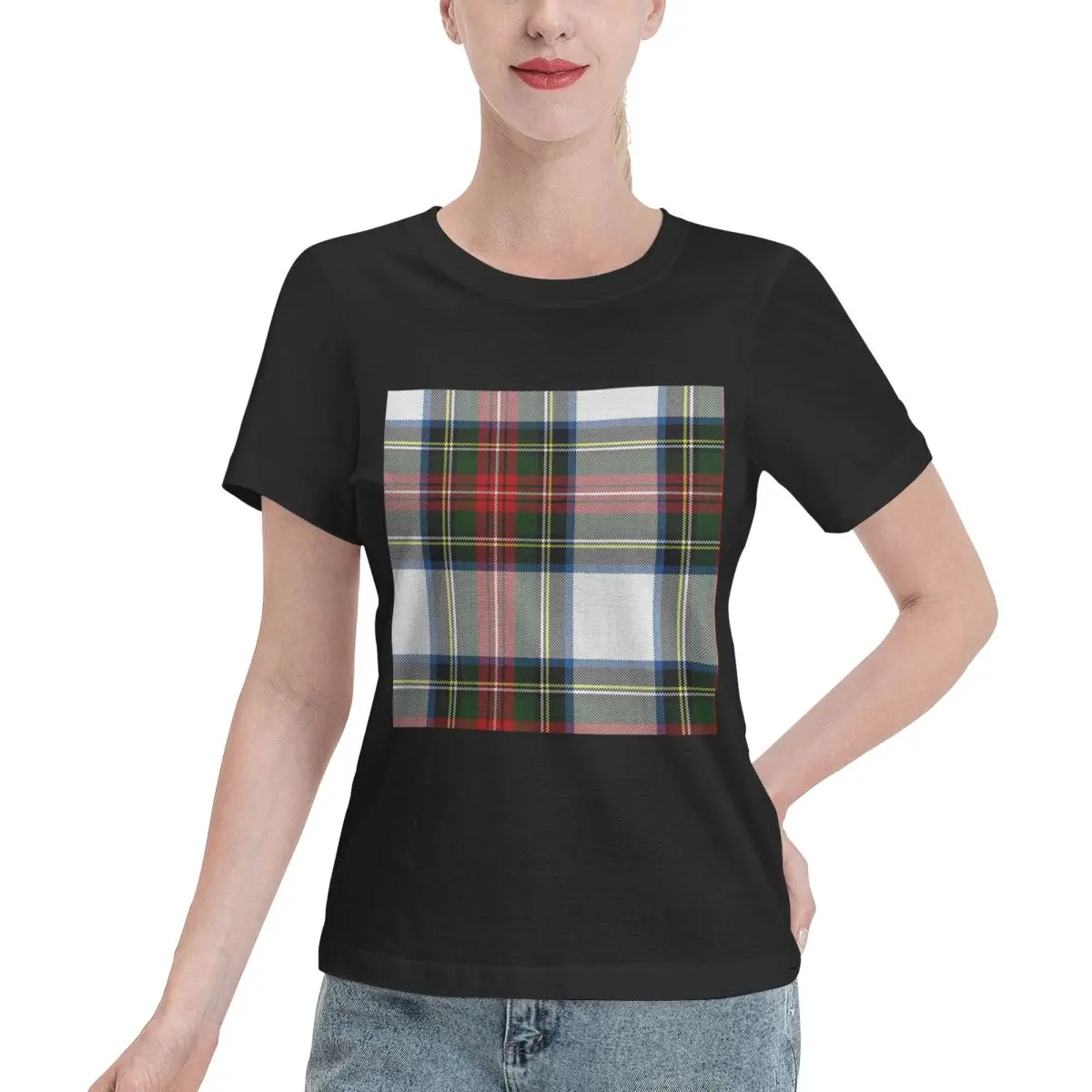 

Clan Stewart Dress Tartan Plaid Pattern T-Shirt Women Short Sleeve T Shirts Crew Neck Clothing Cotton Summer Tees Streetwear