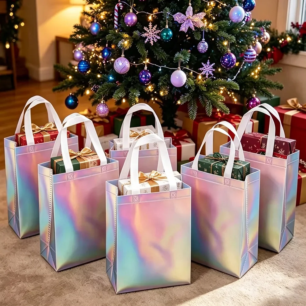 20Pcs Iridescent Silver Gifts Bags with Handle for Birthday Party Wedding Candy Cookie Packaging Christmas Tote Shopping Bags