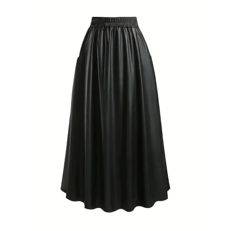 Women\'s Plus Size Elegant And Fashionable Solid Street Style Skirt PU Leather Elastic High Rise Maxi Skirt with Pockets