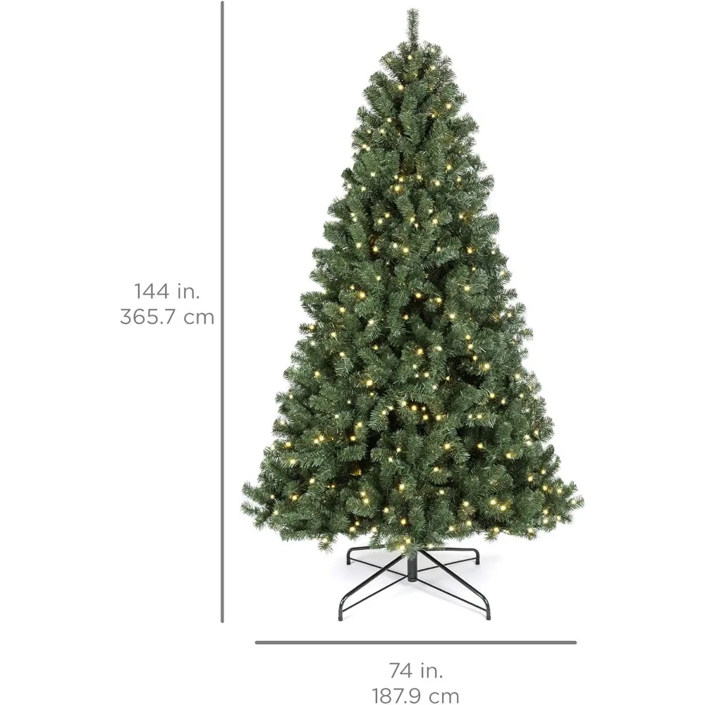 12ft Christmas Tree, 1,250 LED Lights, 4,693 Memory Steel Tips, Metal Stand, Pre-Lit No Fluff Hinged Spruce Christmas Tree