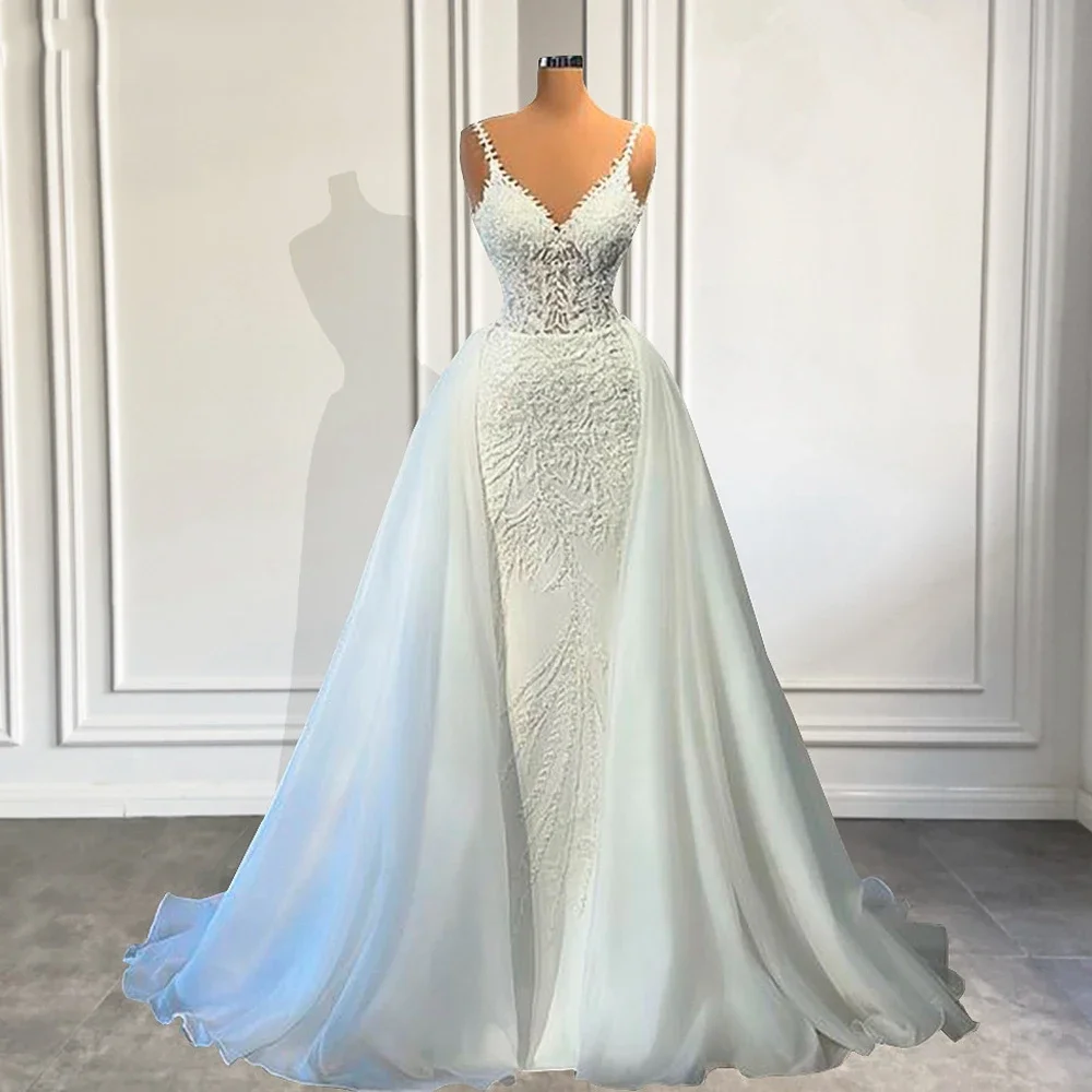 Flavinke Customized V Neck Mermaid Lace Wedding Dresses 2025 Sleeveless Illusion Beaded Satin Bridal Gowns with Detachable Train