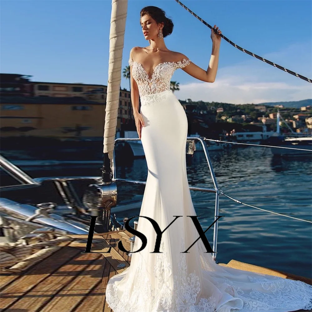 LSYX Boho Off-Shoulder Appliques Deep V-Neck Crepe Mermaid Wedding Dress Illusion Back Court Train Bridal Gown Custom Made