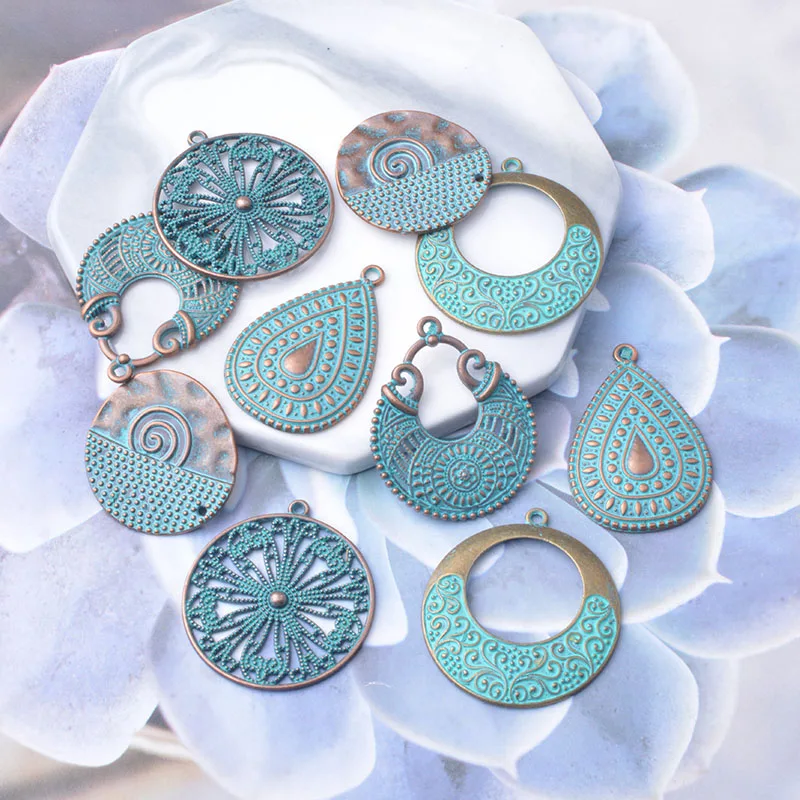 12pcs Bohemia Antique Bronze Charms Round Water Drop Pendant DIY Women's Jewelry Accessories