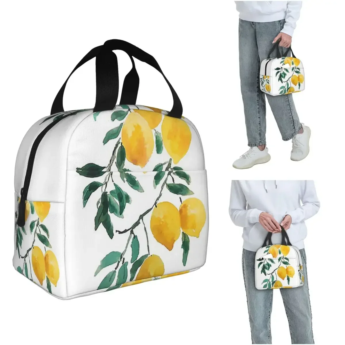 Bolsa Térmica para Almuerzo con Diseño de Limones Amarillos Pintados a Mano, para Mujeres y Niños, a Prueba de Fugas