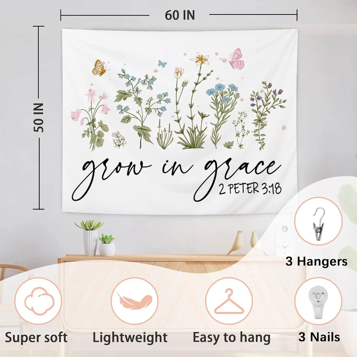 Floral Christian Tapestry Wall Hanging, Grow in Grace Butterfly Wildflowers Floral Tapestry Decorative, Bible Verse Wall Blanket