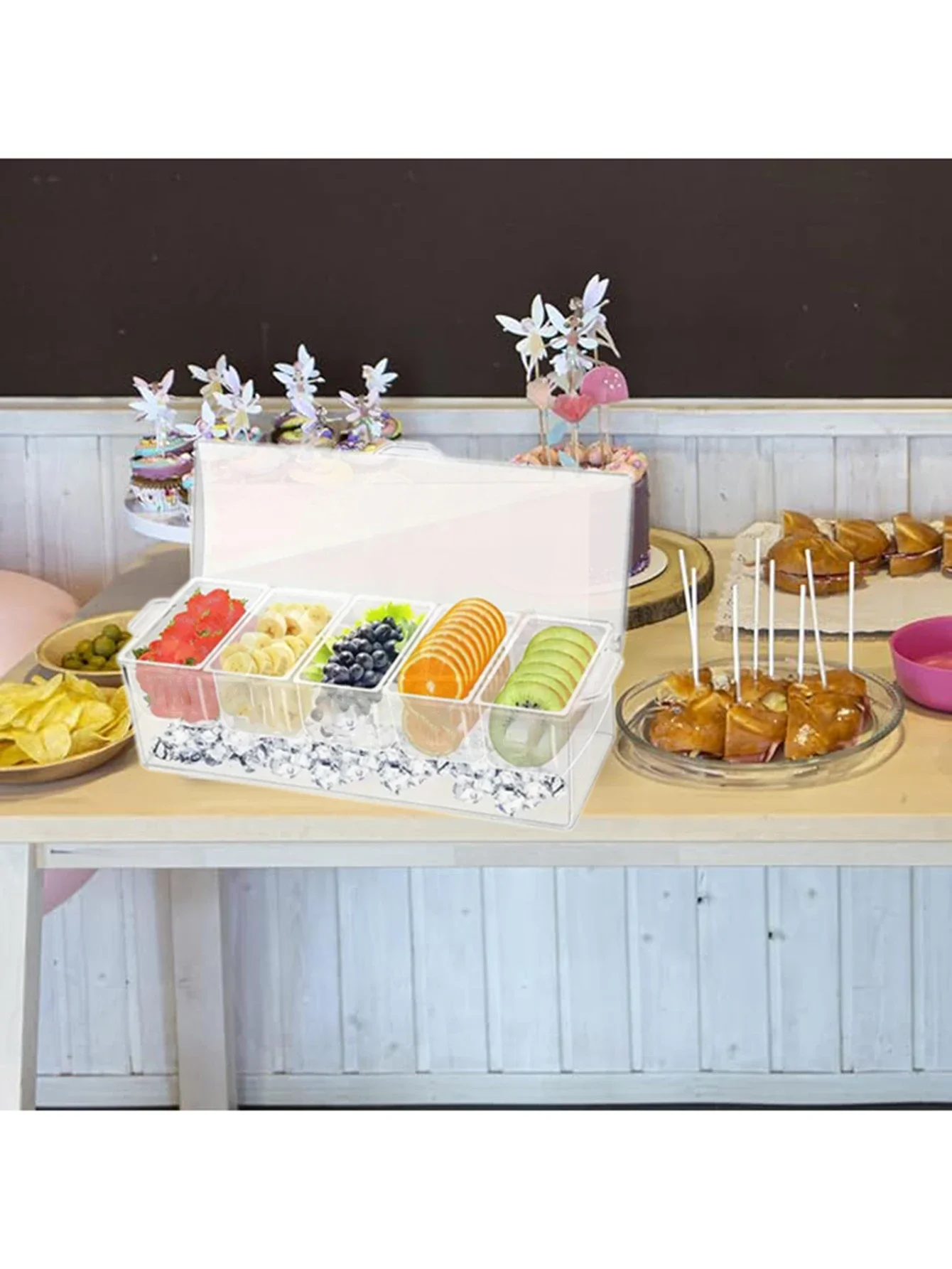 1 قطعة صينية سلطة 5 شبكات - مجموعة خادم توابل بلاستيكية شفافة مع غطاء، مناسبة للمنزل والبار والحفلات والشواء