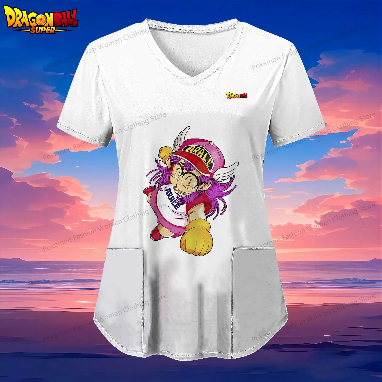 Dragon Ball Kakarotto Pocket Women's V Neck Nurse Uniform T-Shirt Woman Clothing Anime Kawaii 2024 Summer Clothes Tops S-2XL Y2k image 2