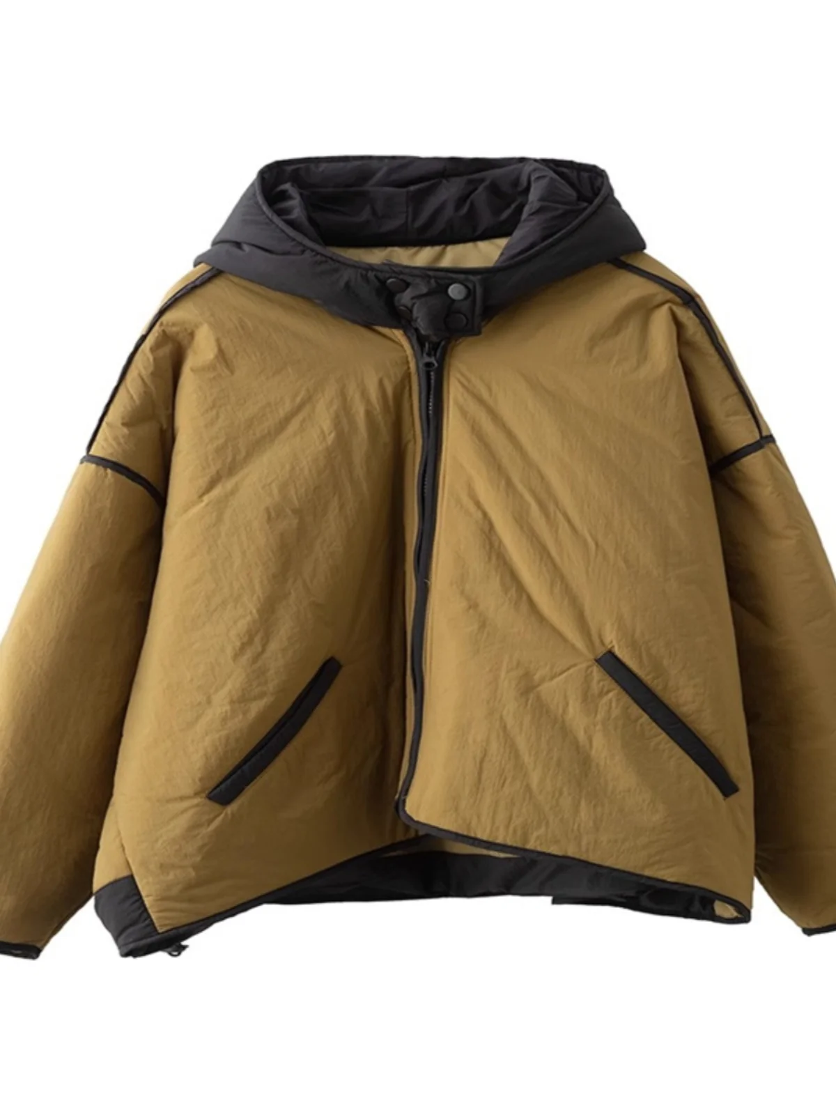 Retro Kontrastfarbe Arbeitskleidung Daunen Baumwolle Jaet Damen Herbst Winter Leichter warmer Baumwollmantel mit Kapuze Oberbekleidung