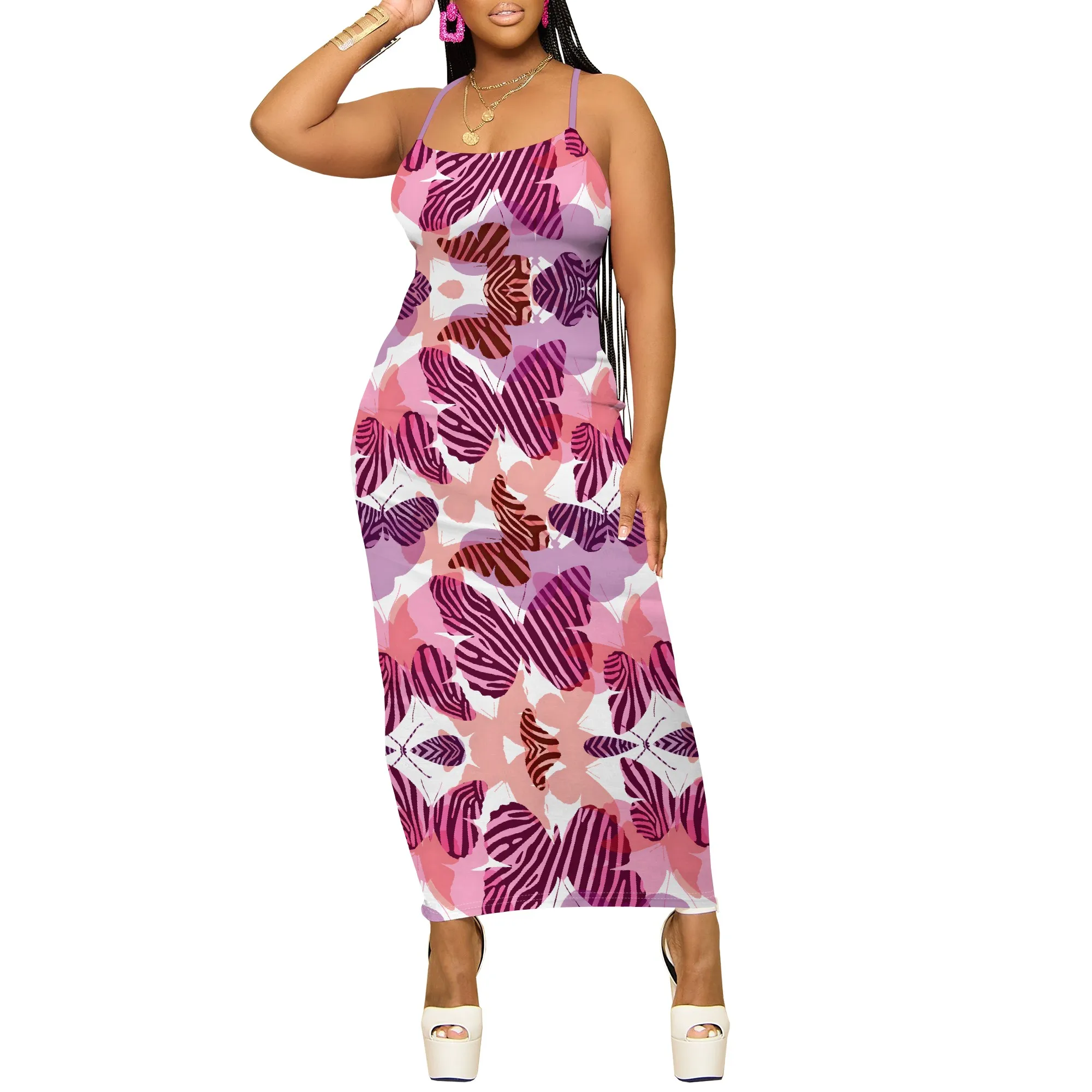 فستان ماكسي بحزام سباغيتي مطبوع على شكل فراشة للنساء بدون أكمام بقصة ضيقة ملابس شاطئ للعطلات