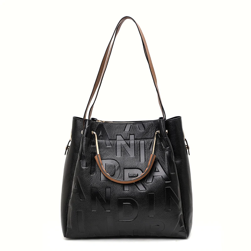 Aidrani Fashion Versatile Cowhide Women's Handbag Black Large Capacity Embossed Letter Shoulder Bag