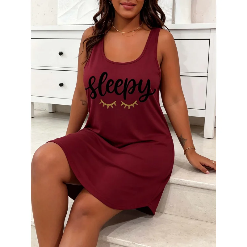 

Plus-Size Women's Casual Sleepwear, Letter-Print Round Neck Curved Hem Straight Sleep Dress, Plus-Size Summer Cool Home Clothing