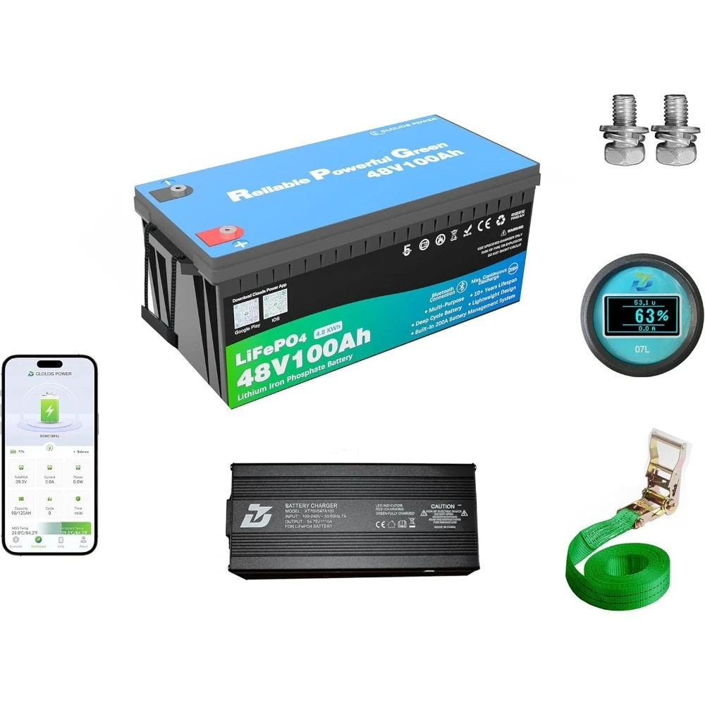 

Литиевая батарея для тележки для гольфа, 48 В, 100 Ач, аккумулятор LiFePO4 48 В с зарядным устройством 10 А, манометр, BMS 200 А, 4000+ циклов, энергия 4,8 кВтч