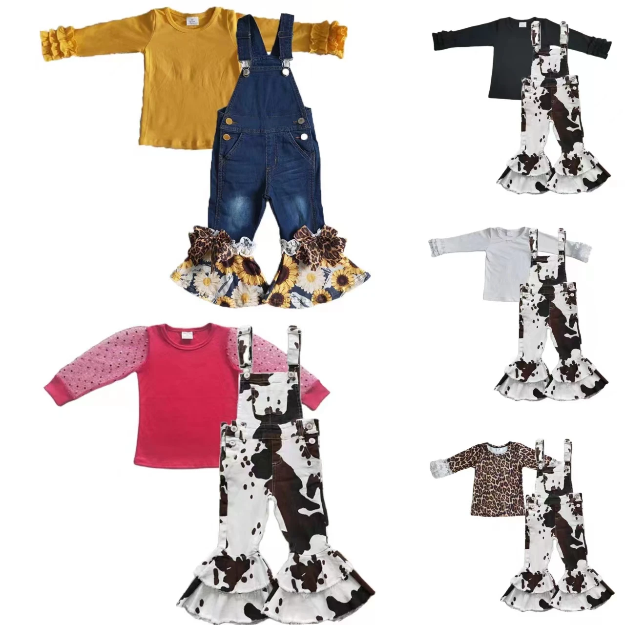 

Wholesale Western Baby Girl Denim Overalls Long Sleeves Shirt Cow Kid Children Toddler Bell Bottom Pants Jeans Suspenders Outfit