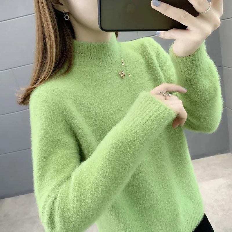 

Женский свитер из флиса под норку, осень-зима 2026, свободный крой, оверсайз, повседневный, вязаный, утолщенный, многослойный, шерстяной пуловер для женщин