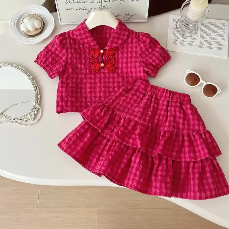 

Girls Clothing Sets for Summer Kids Plaid Print Short Sleeve Cotton T Shirt and Skirts 2 Pcs Suit