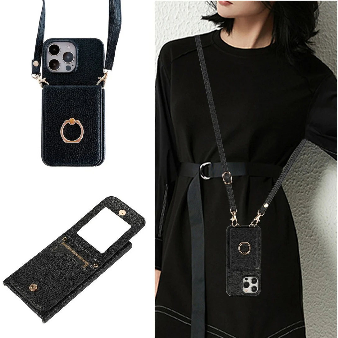 

Модный классический кожаный чехол-кошелек через плечо для iPhone 11, 12, 13, 14, 15, 16, 17 Pro Max Plus, зеркальный чехол для макияжа, кольцо-держатель