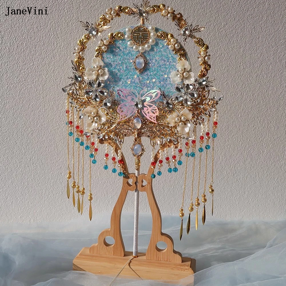 JaneVini 2024 Charming Blue Bridal Bouquets Fan Long Handle Bling Crystal Beaded Metal Fans Jewelry Chinese Wedding Accessories