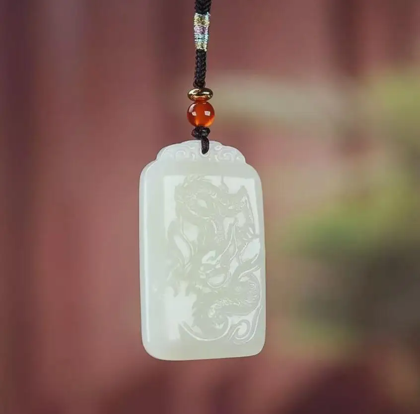 Chinese Natural white HeTian Jade jadeite Hand-Carved pendant Landscape Dragon