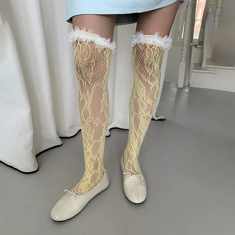 Women Floral Lace Over Knee Socks Sheer Ruffle Trim Long Stockings Korean Style Thigh High Legwear for Lolita Party Outfits