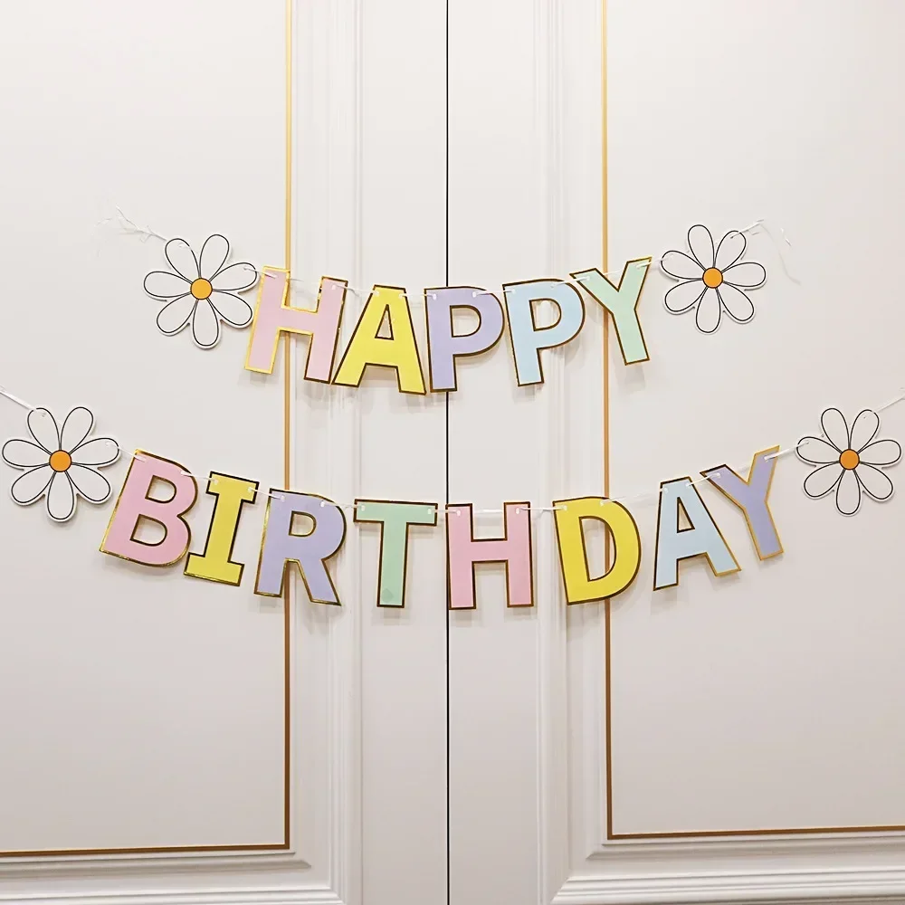 Happy Birthday Streamers Daisy Floral Pull Flag Living Room Garden Mall Cafe Children Birthday Party Decoration Banners Supplies