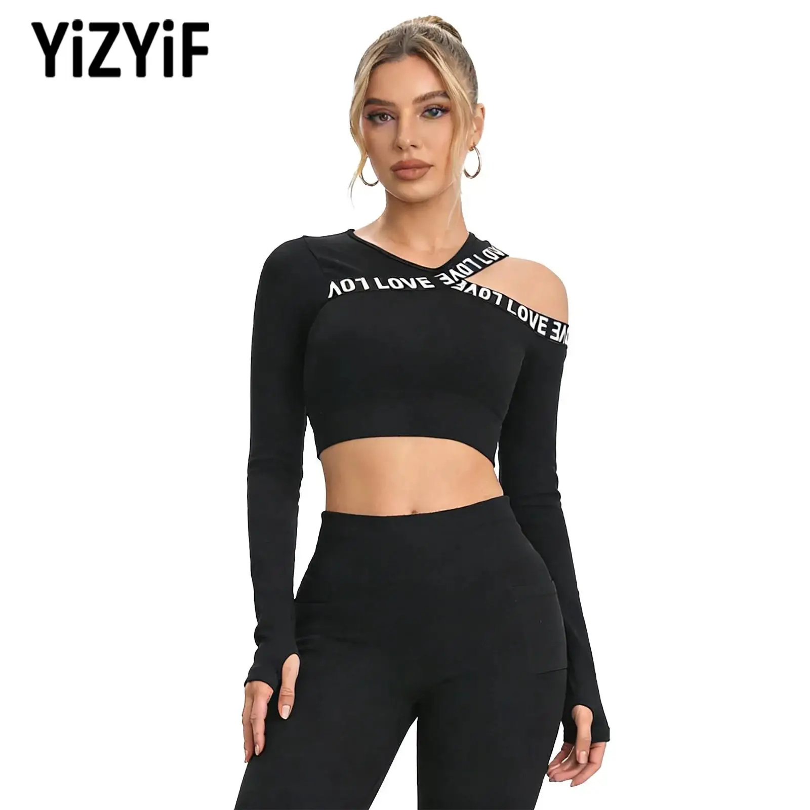 

Женский облегающий спортивный топ с открытыми плечами, укороченный, с длинными рукавами и отверстиями для больших пальцев, асимметричный, для йоги, спорта, тренировок, бега