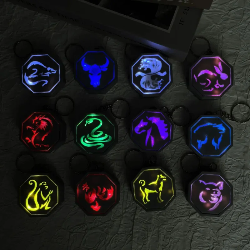 LED Luminous Zodiacs Talismans 3D Model Ornament Figurine Octagon Keychain Glowing Amulets Pendant Anime Gift Toy Home Decor