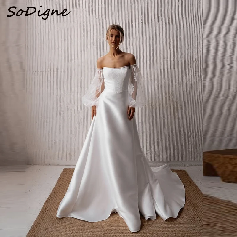 

SoDigne A-Line Satin/Lace Wedding Dress Long Detachable Sleeves Strapless Bridal Gown Long Women Bride Dresses Customized