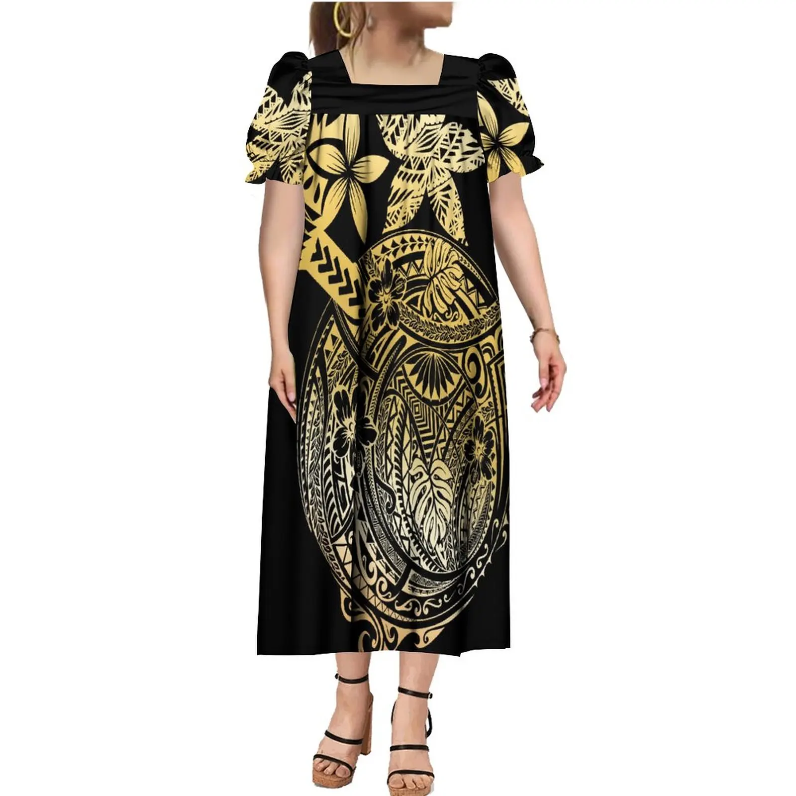 2023 New Bubble Sleeve Dress Polynesian Vintage Pattern Low cut Dress Temperament Casual Long Dress Custom Pattern