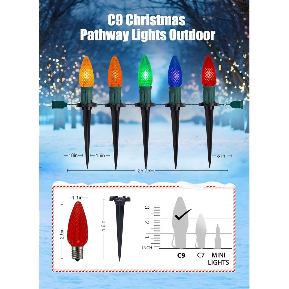 25.7ft 20-LED C9 أضواء مسار خارجية متعددة الألوان على شكل فراولة مع أوتاد ماركر، قابلة للتوصيل مقاومة للكسر لتزيين الفناء