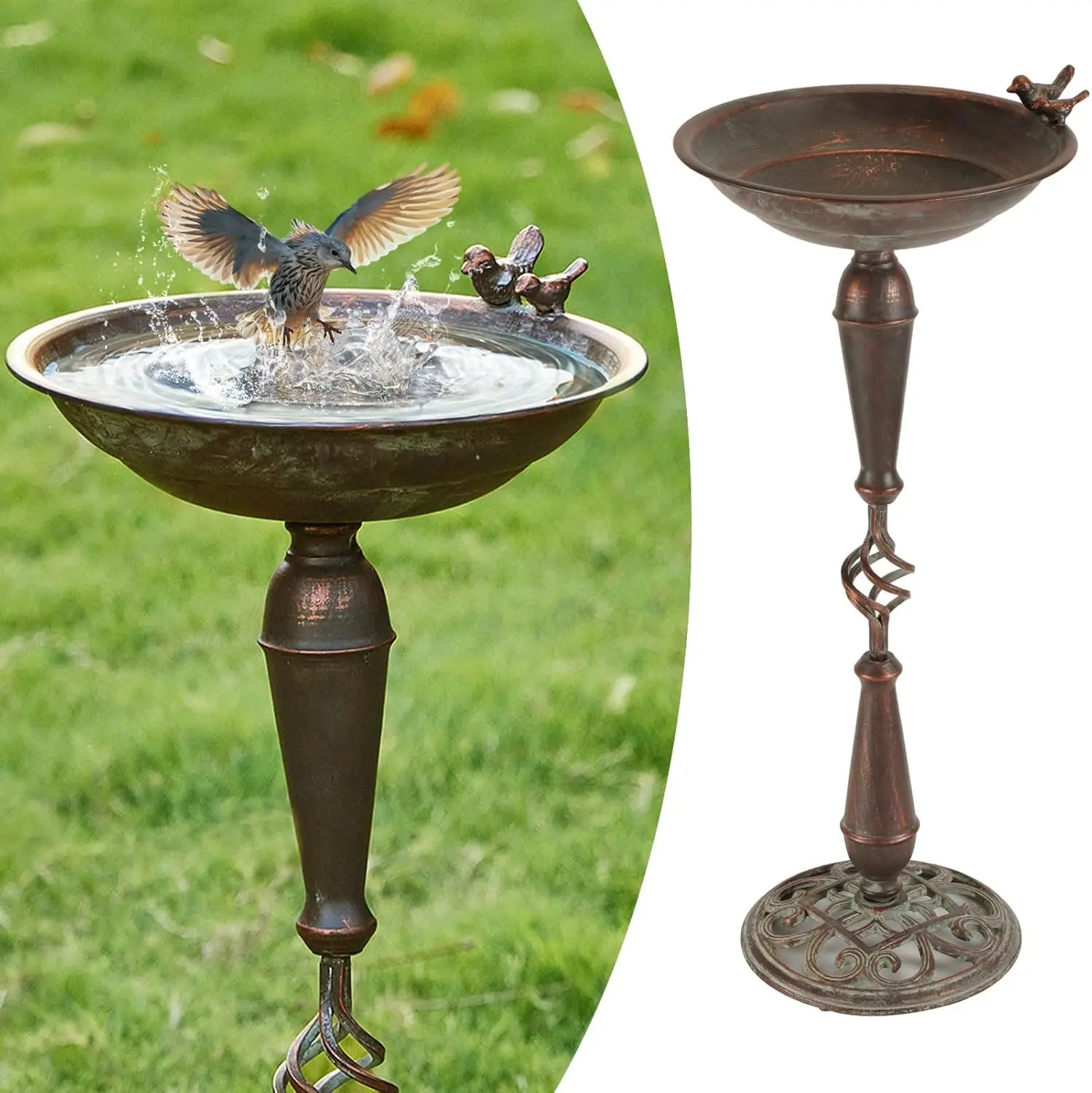 

27.5'' Cast Iron Pedestal Bird Bath, Vintage Metal Outdoor Garden Decoration for Birds