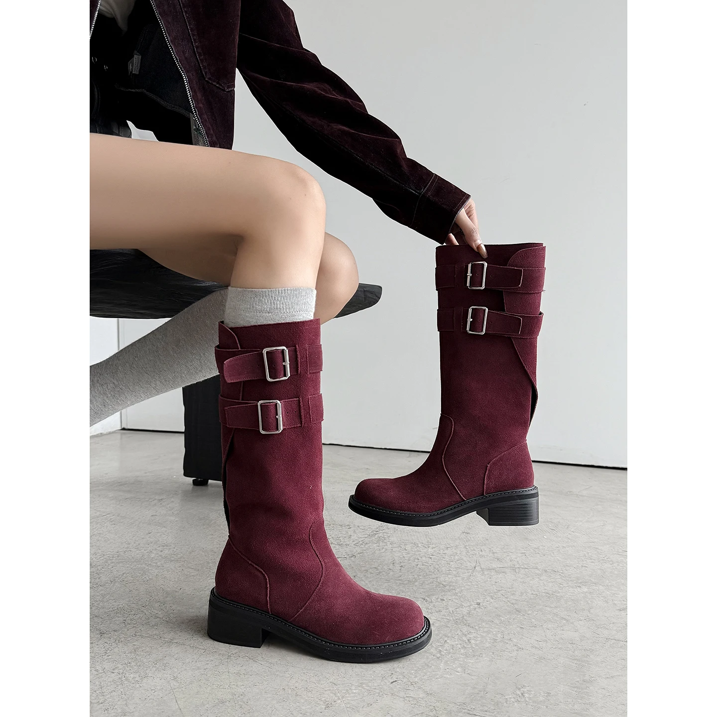Western-Cowboy-Booties aus echtem Leder, Retro-Kniestiefel, Block-Damenstiefel mit Gürtelschnalle, Ritterstiefel, moderne Stiefel, hohe Stiefel