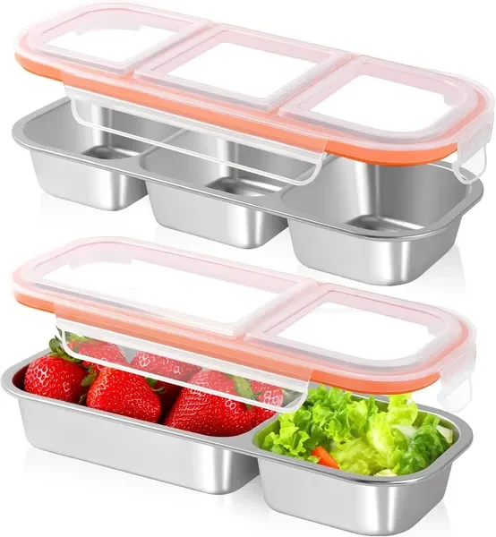 

2 Pack StainlSteel Snack Containers, Reusable 3 Compartment + 2 Compartment Condiment Box with Lids snack box, Food Storage