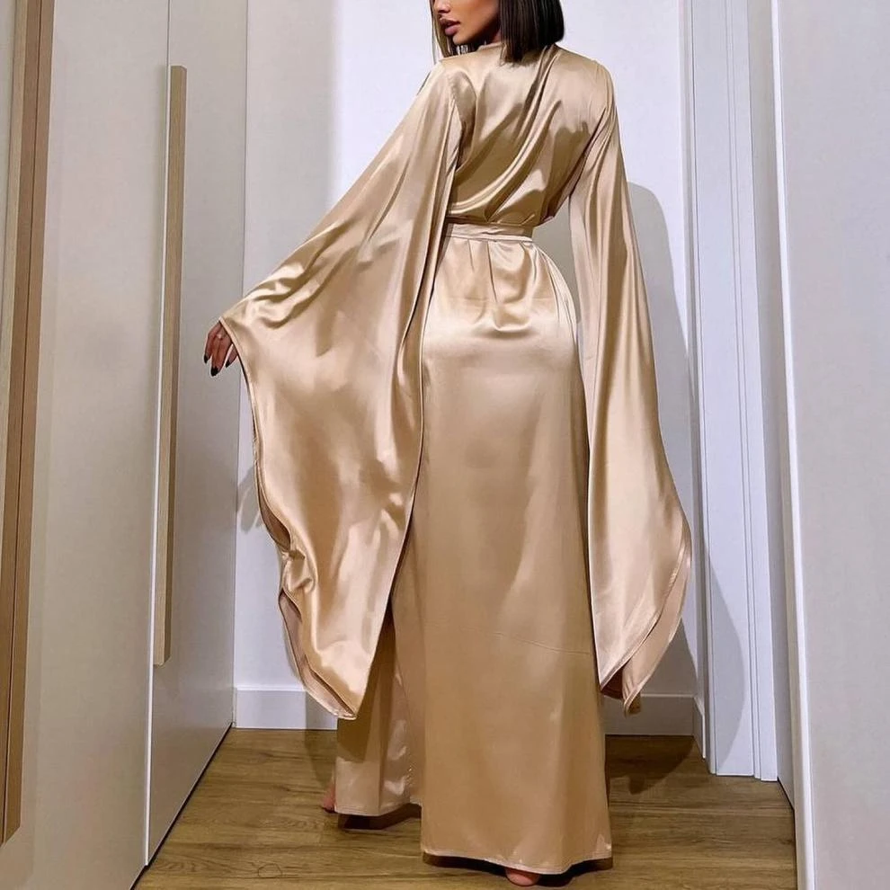 

Elegant Women Extra Long Robe Home Dress Sexy Silky Satin Kimono Bathrobe Gown Spring Summer Nightgown Loungewear Loose Homewear