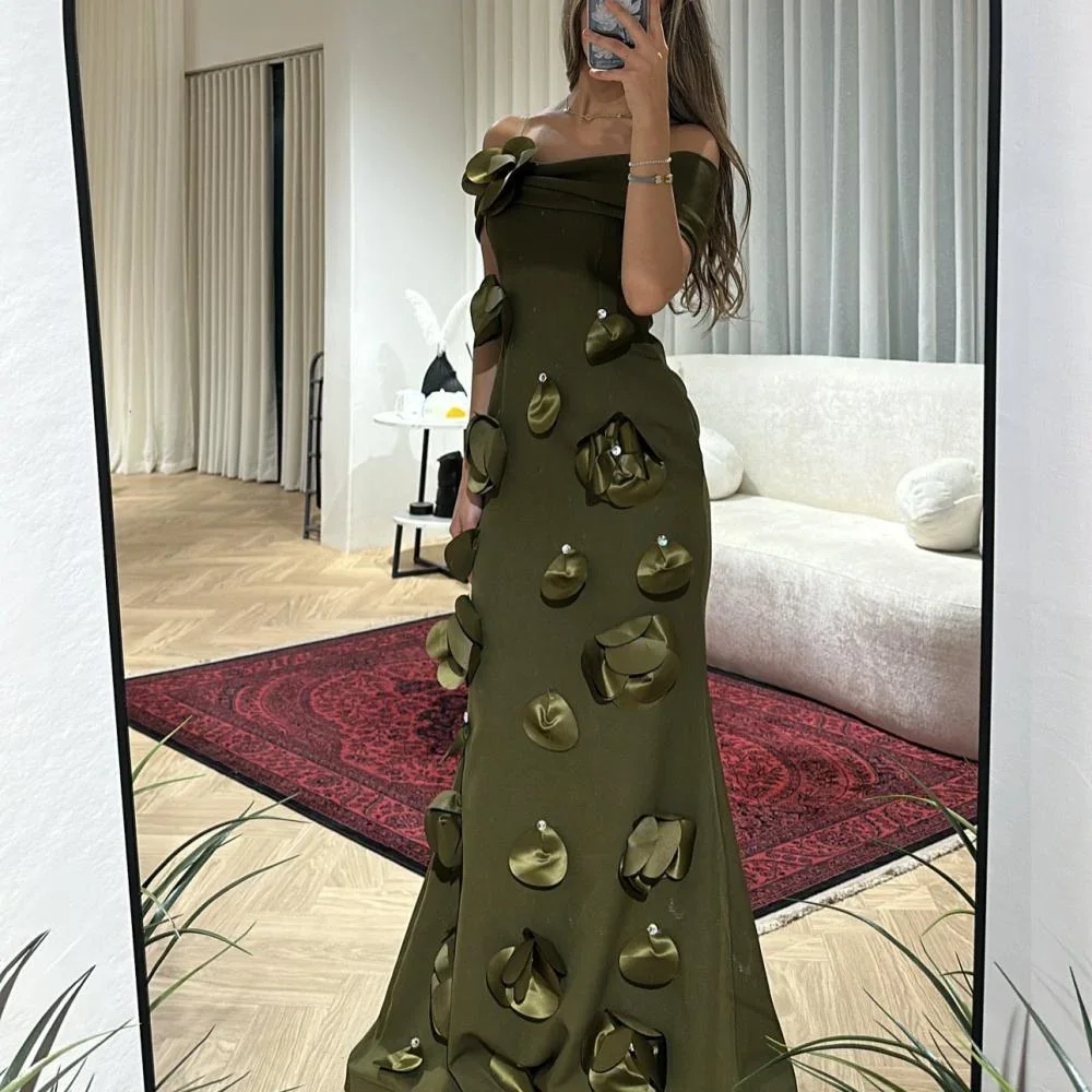 

AsaNagi Green Elegant Prom Dresses Women Flower Sequin Decoration Gown Floor Length Strapless Customized Gown