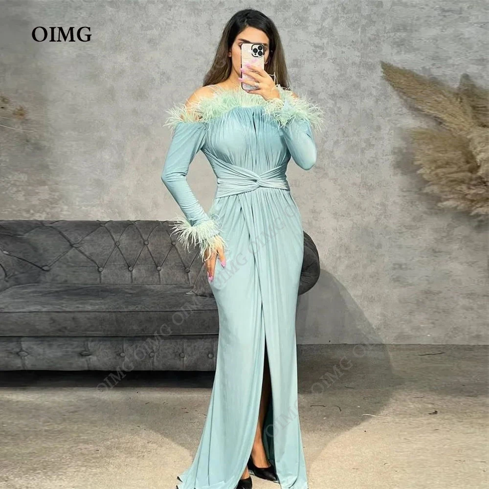 

OIMG Green Arabic Evening Dress Long Sleeves Feather Mermaid Evening Gowns for Women Side Slit Elegant Wedding Guest Dresses