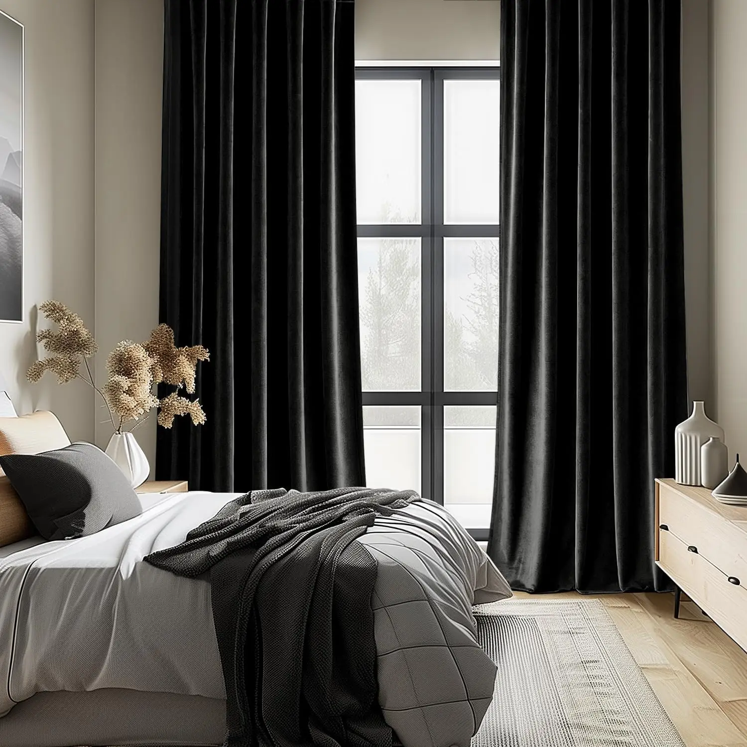 Black Velvet Curtains 96 Inches Length 1 Panel,Rod Pocket Classical Blackout Window Drapes or Bedroom Nursery Living Room