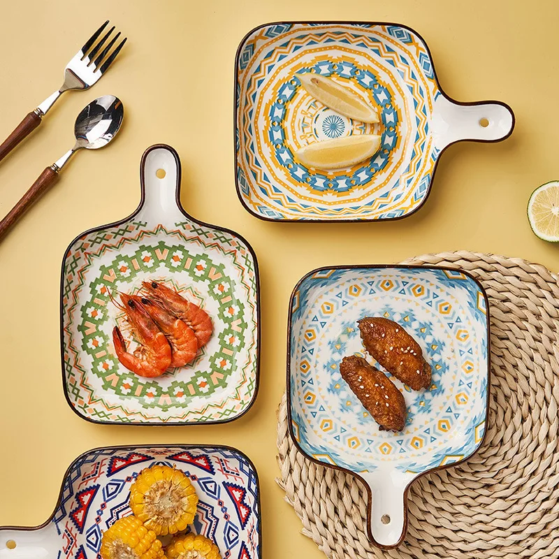 Posi Milan Ceramic Handle Plate Baking Plate Home Baked Rice Plate Salad Bowl Plate Tableware Oven Vegetable Plate