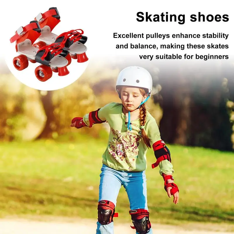 Kids Double-row Inline Roller Skates Portable Adjustable Elastic Skating Shoes PVC Double-shoe Brakes Safe Auxiliary Wheel Skate