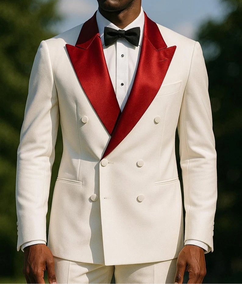 

White Double Breasted Tuxedo With Red Satin Lapel Luxury Men’s Wedding Suit Formal Prom Suit Custom Tailored