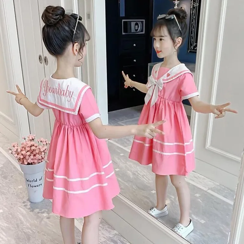 2024 Summer New retro Girls Cotton Crew Sailor Collar Teen Casual striped JK Dress A-LINE Baby Clothes Toddler 12 15 6 8 10 year