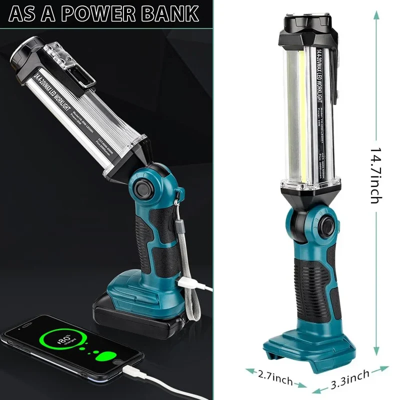 

Portable LED Light For Makita/Bosch/BlackDecker 18V Li-ion Battery 35W 2000LM Handheld Flashlight Emergency Light With USB Hook