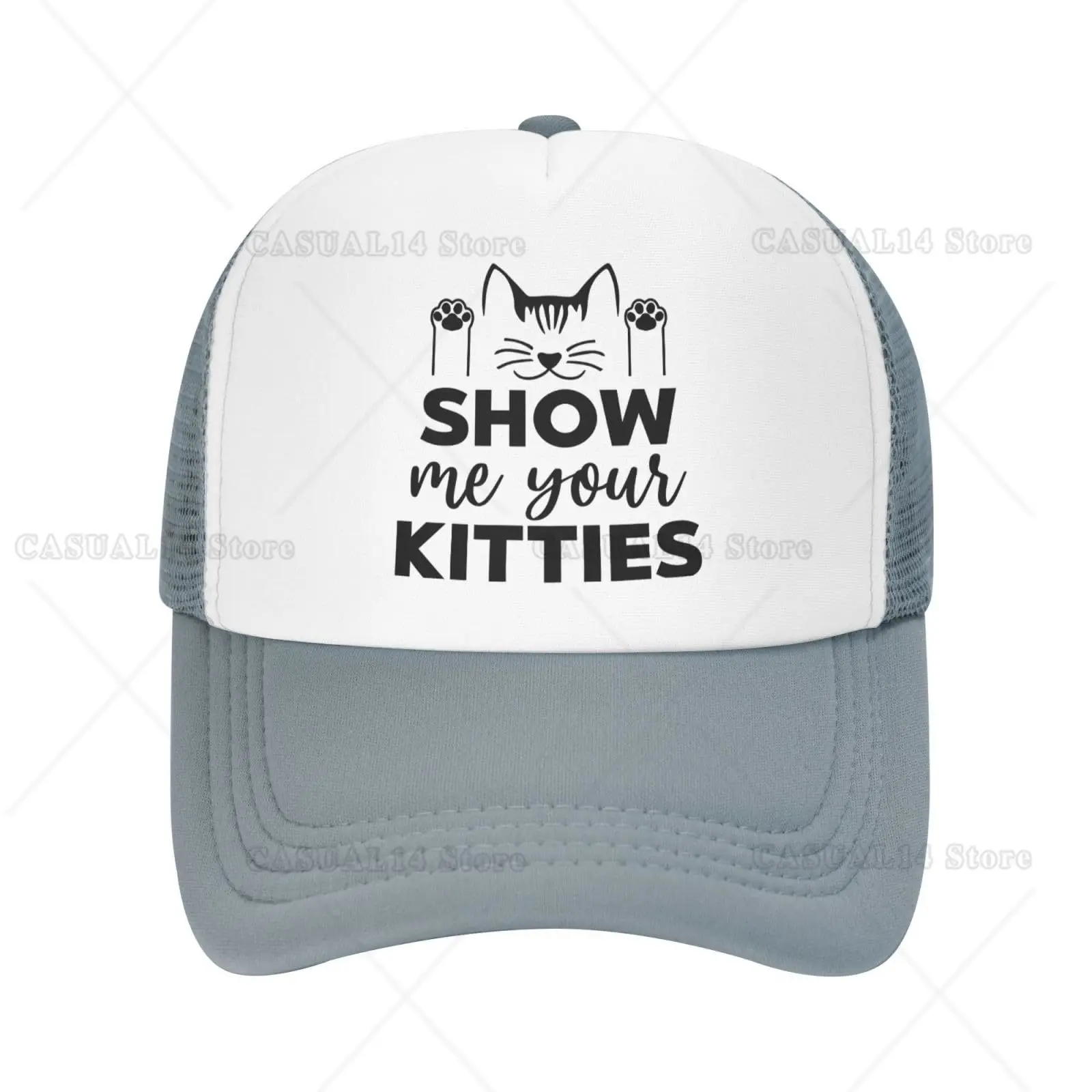 

Show Me Your Kitties Hat Baseball Cap Fashion Cool Summer Sun Mesh Trucker Cap Adjustable Gray Hats for Women Men