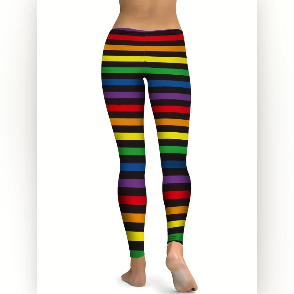 Striped note print stretch slim elastic waist casual leggings for women