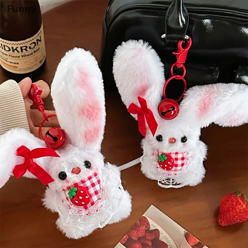 〔Funny〕Kawaii Squeaky Strawberry Long-eared Rabbit  Keychain Creative Cartoon Bunny Keyring Lovely Bag Pendant Bag Decoration