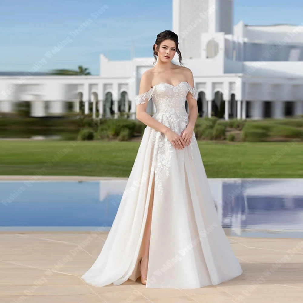 エレガントな A ラインの女性のウェディングドレスオフショルダーノースリーブ花嫁ドレスモッピング丈宴会 Vestidos De Novias カスタマイズ