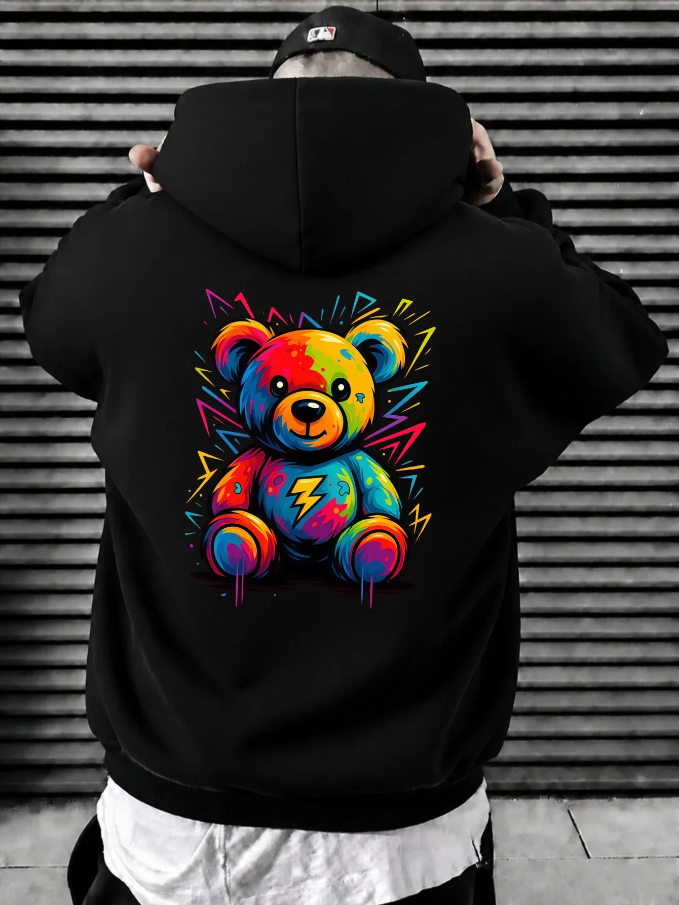 Colorful Splash Lightning Bear Graffiti Large Back Print Hoodie Pullover Unisex Loose Fleece Lined Autumn Winter
