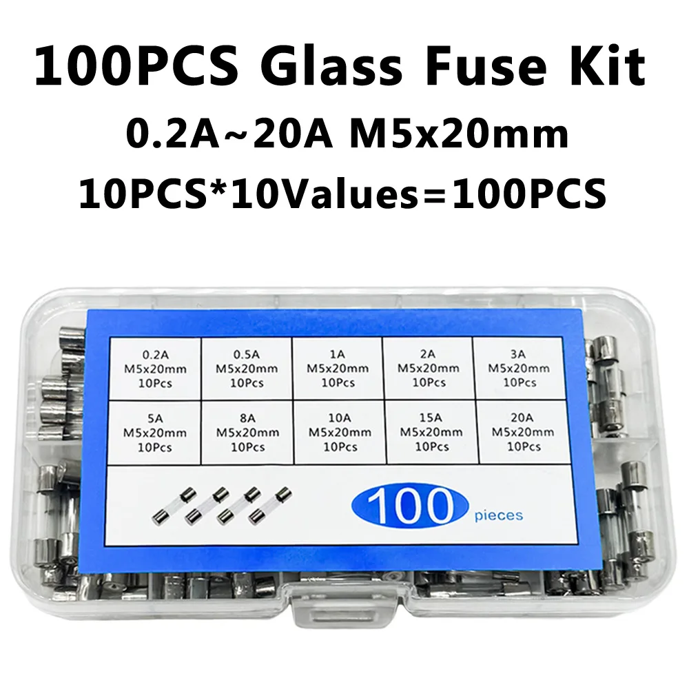 100Pcs Quick Blow Glass Tube Fuse Assorted Kit 5x20mm Fast Blow Fuses 250V Multiple Amp Ratings 0.2A-20A for Electrical Circuit
