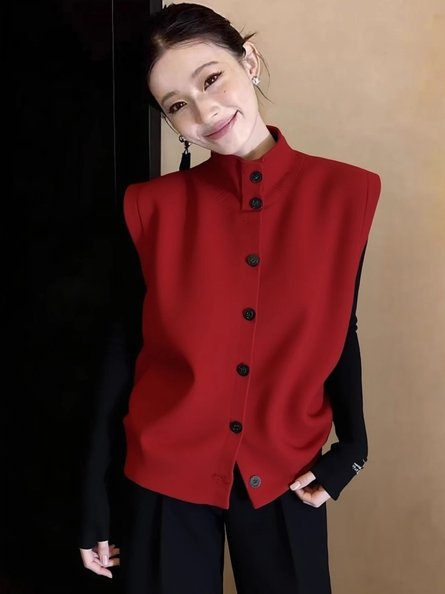 

Модный вязаный жилет-топ для женщин, весенняя коллекция, красный, новогодний, высококачественный, многослойный, в корейском стиле, прямого кроя, элегантный