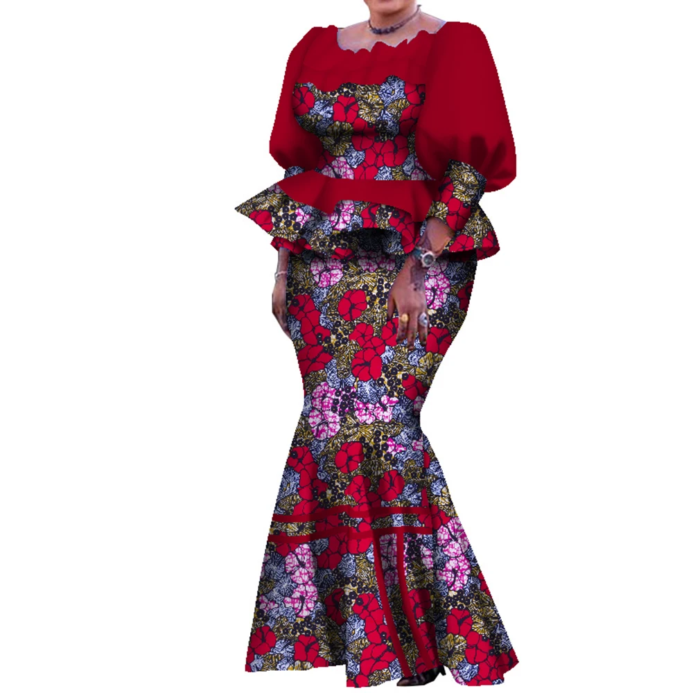 Traje de falda tradicional africana para mujer, Top plisado y falda hasta el tobillo, conjunto de falda femenina de talla grande para otoño WY7907