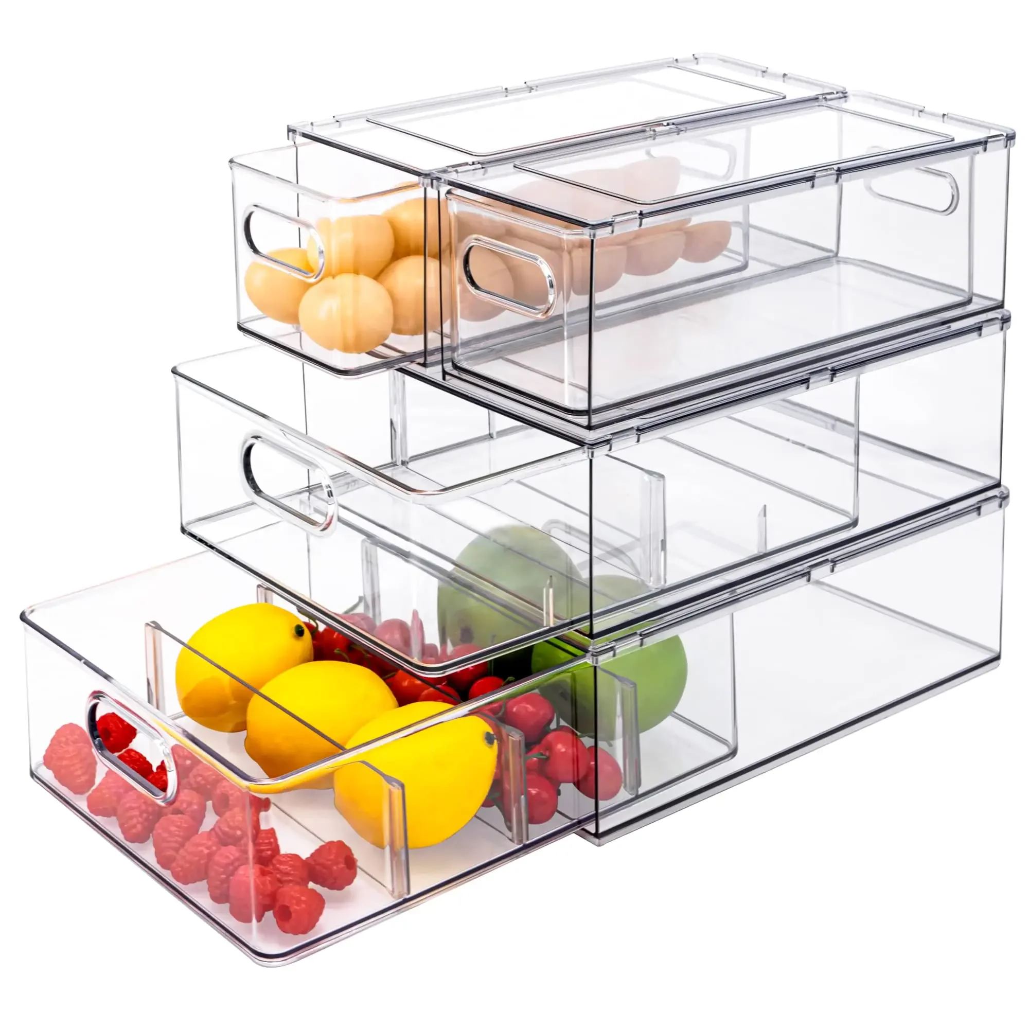 

Hot Sale Clear Food Container Stackable Fridge Organizer Drawer Pull Out Bins with Handles